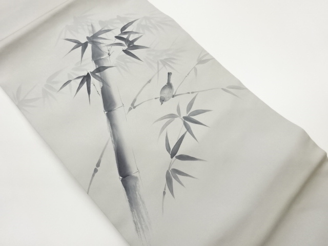 作家物　塩瀬手描き竹に鳥模様名古屋帯